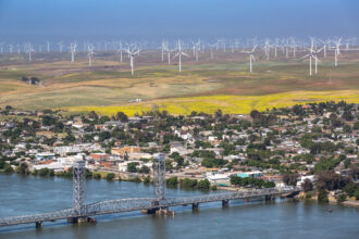 The small town of Rio Vista, located along the Sacramento River and Highway 12, is viewed from the air on May 22. Credit: George Rose/Getty Images